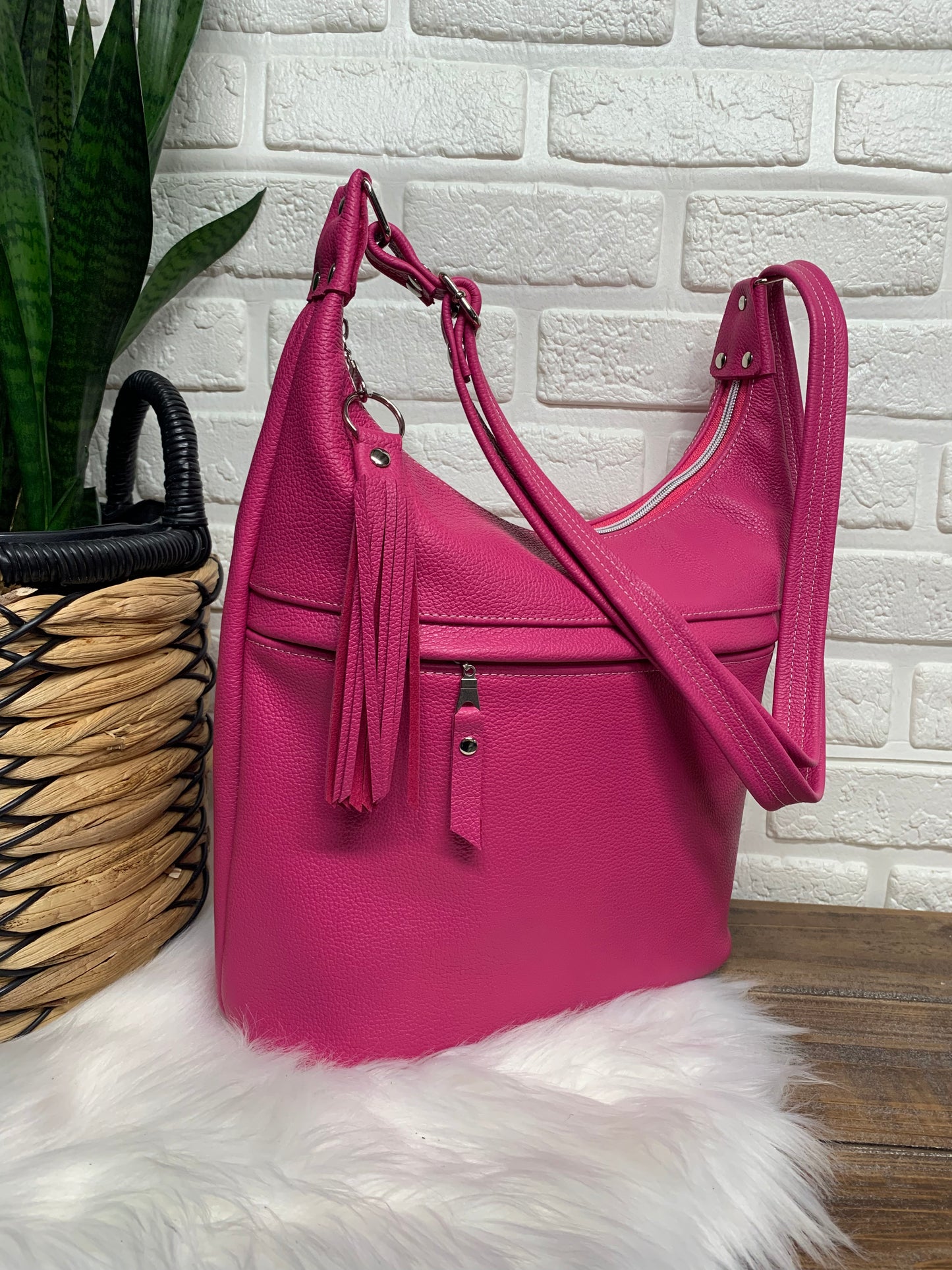 Bucket hobo bag crossbody in Hot Pink leather, biker chap leather