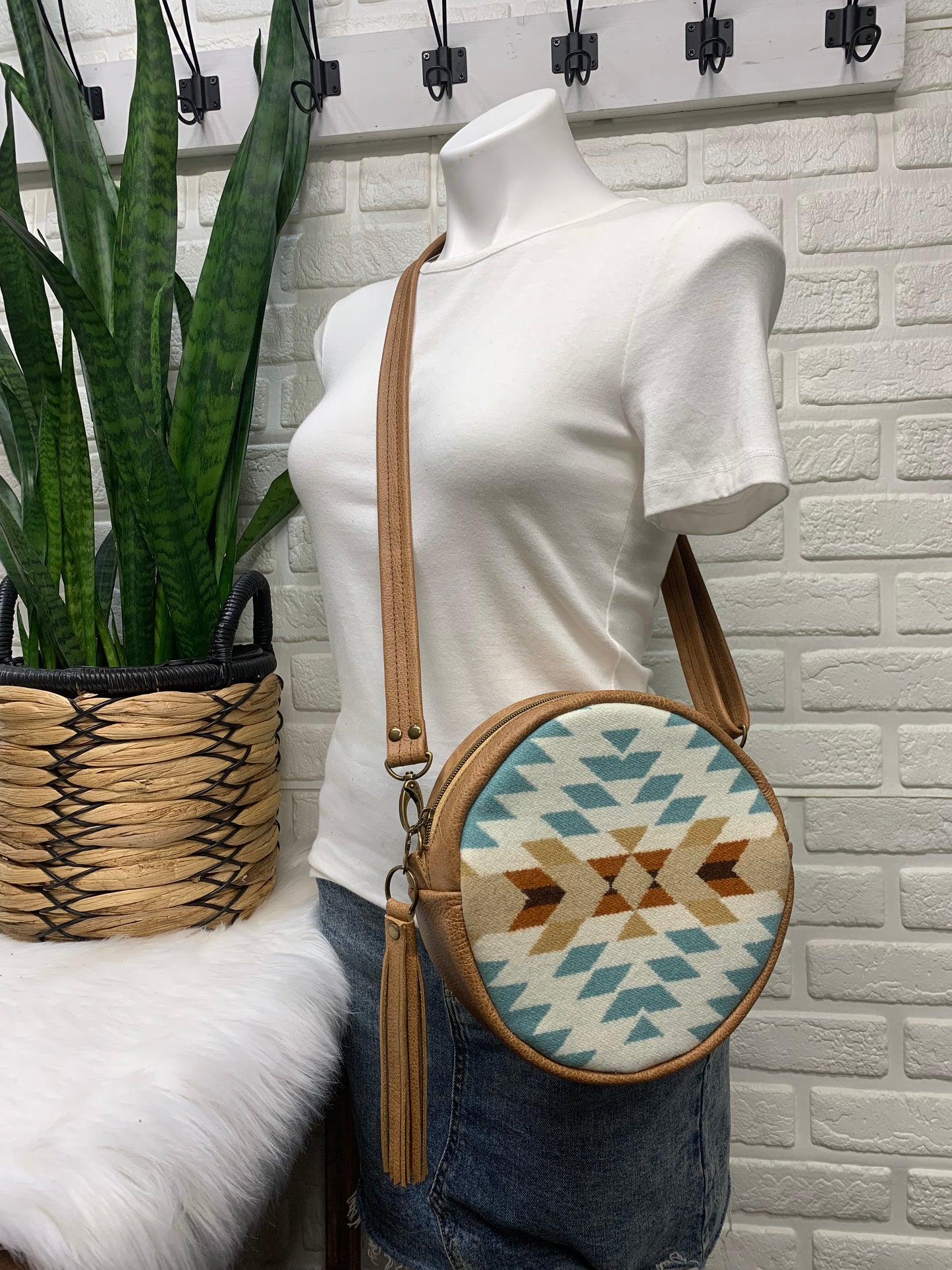 Moonstone crossbody bag, Rancho Arroyo aqua wool, caramel genuine leather, Circle bag