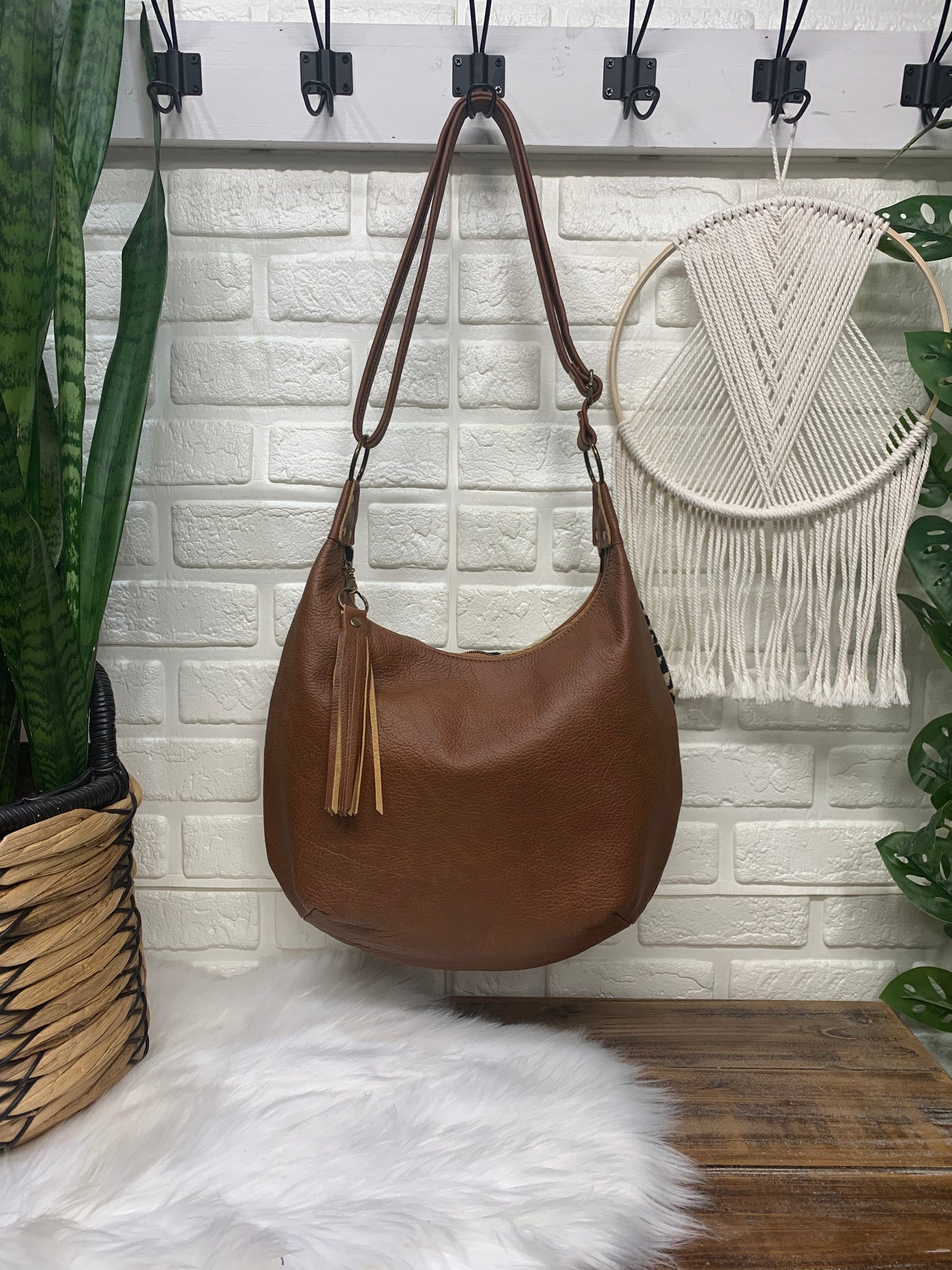 Wool and spice brown leather hobo crossbody bag, Rancho Arroyo wool