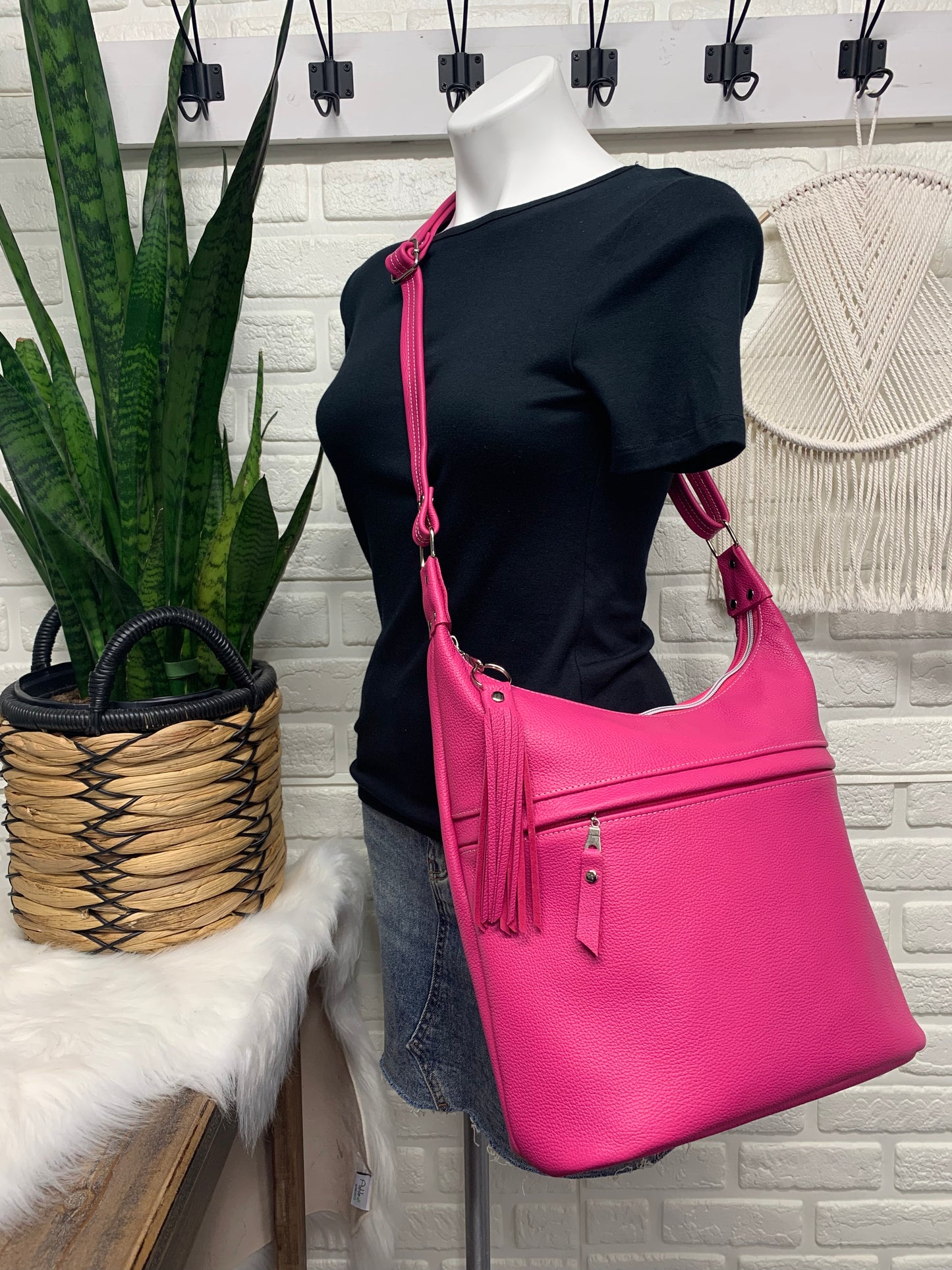 Bucket hobo bag crossbody in Hot Pink leather, biker chap leather