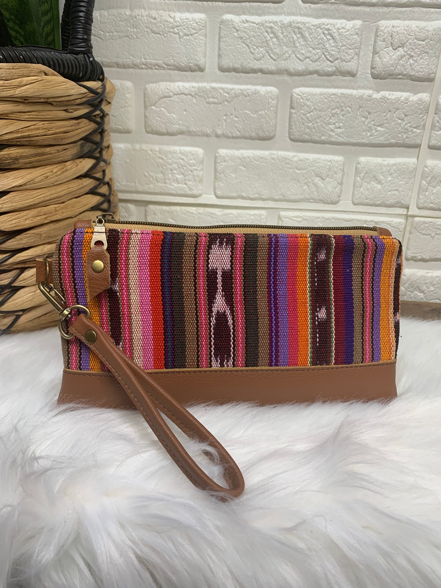 Guatemalan woven and cognac Leather clutch wristlet