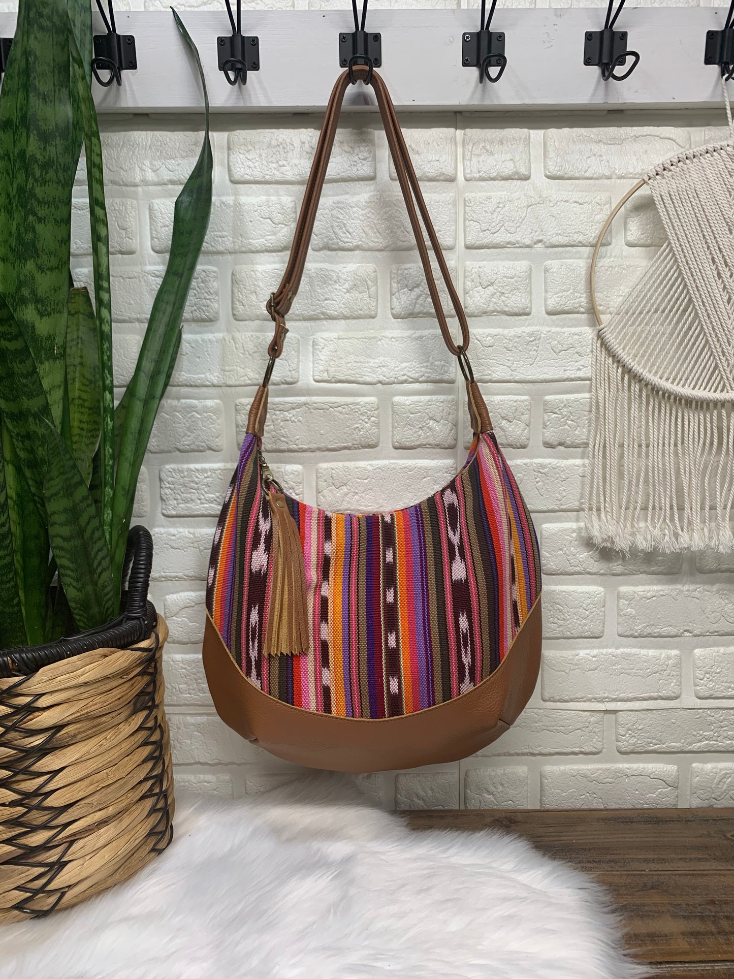 Guatemalan woven and cognac leather hobo crossbody bag