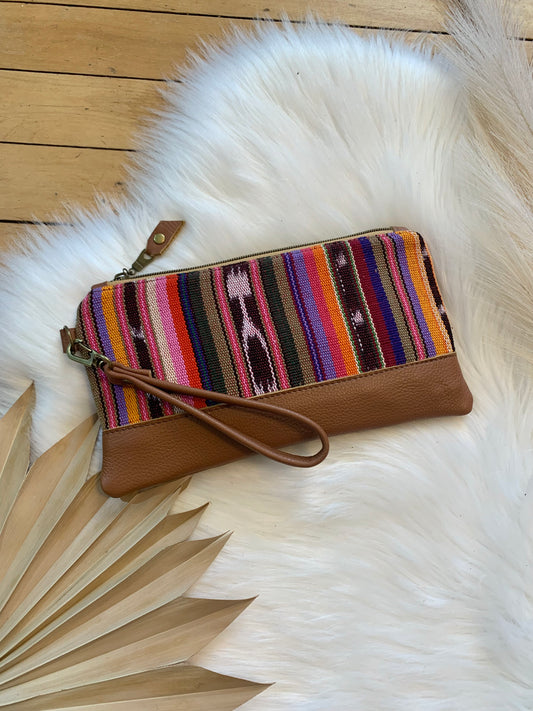 Guatemalan woven and cognac Leather clutch wristlet