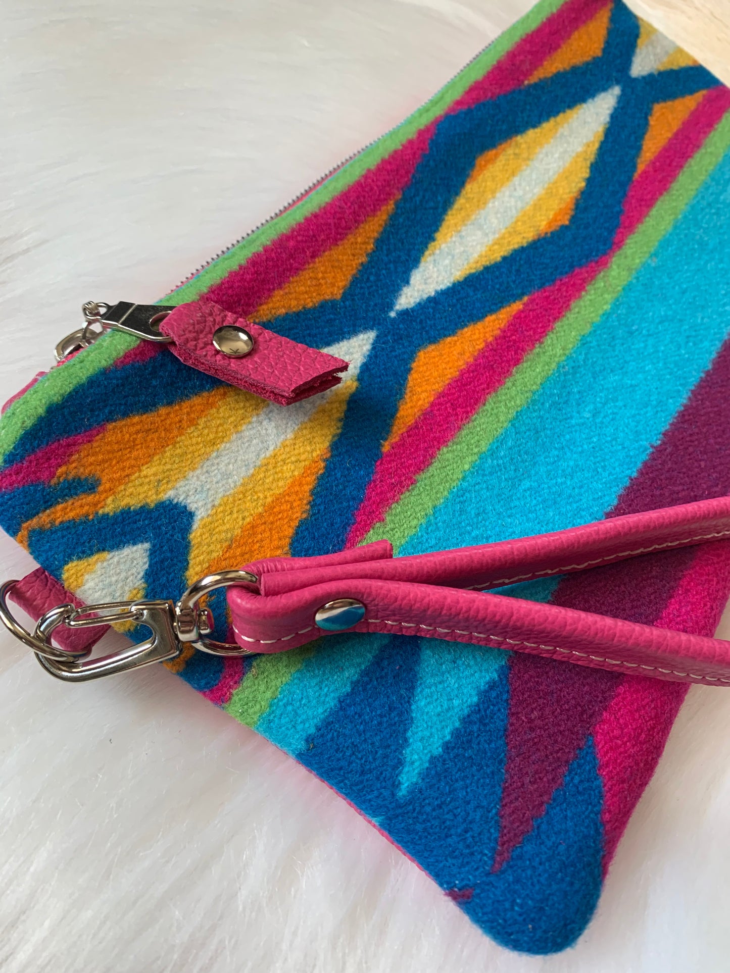 Wool and leather clutch wristlet, San Gabriel wool, hot pink leather clutch wallet