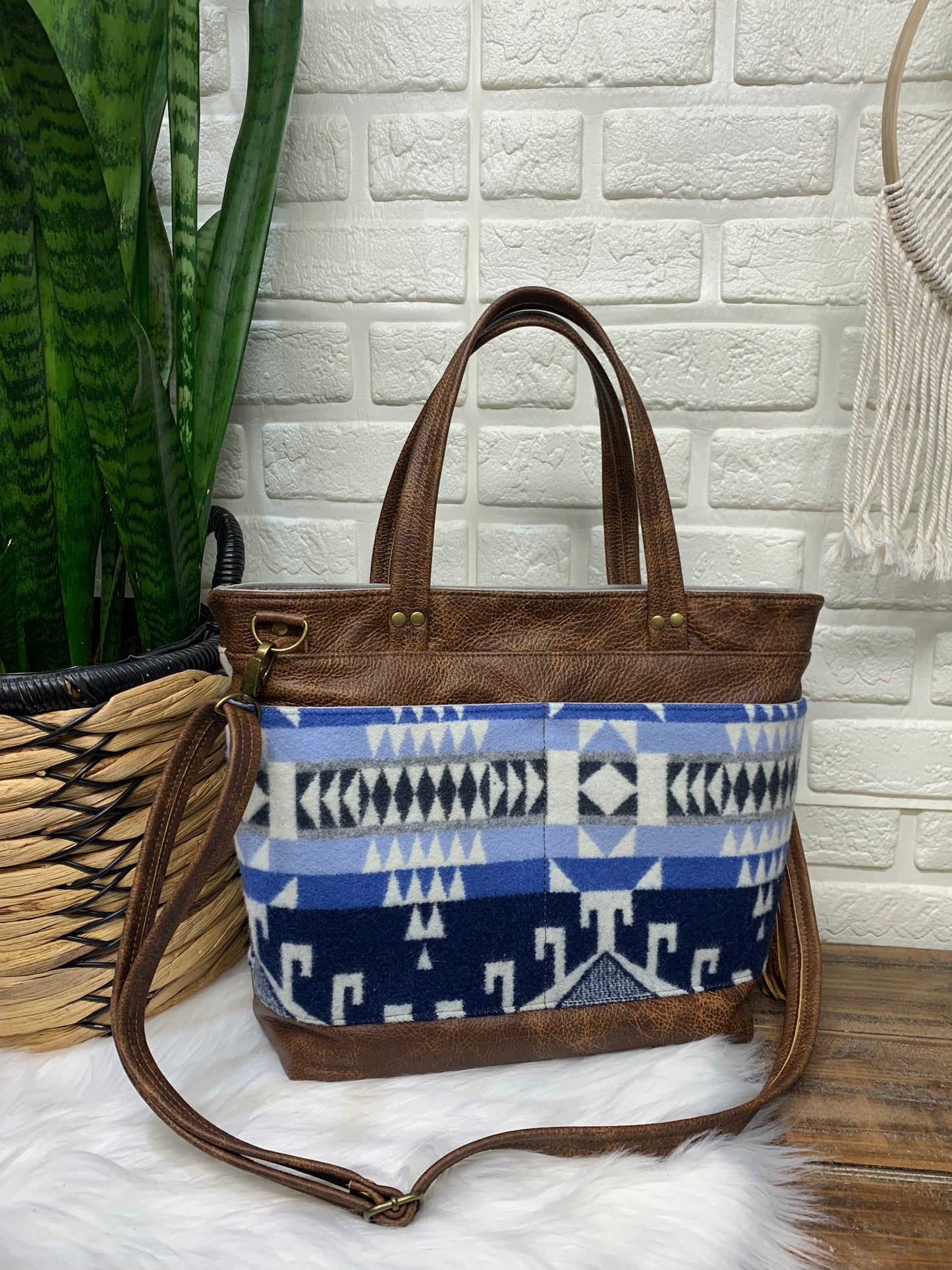 Topaz tote Wool and leather, Trailhead blue wool, saddle brown genuine leather