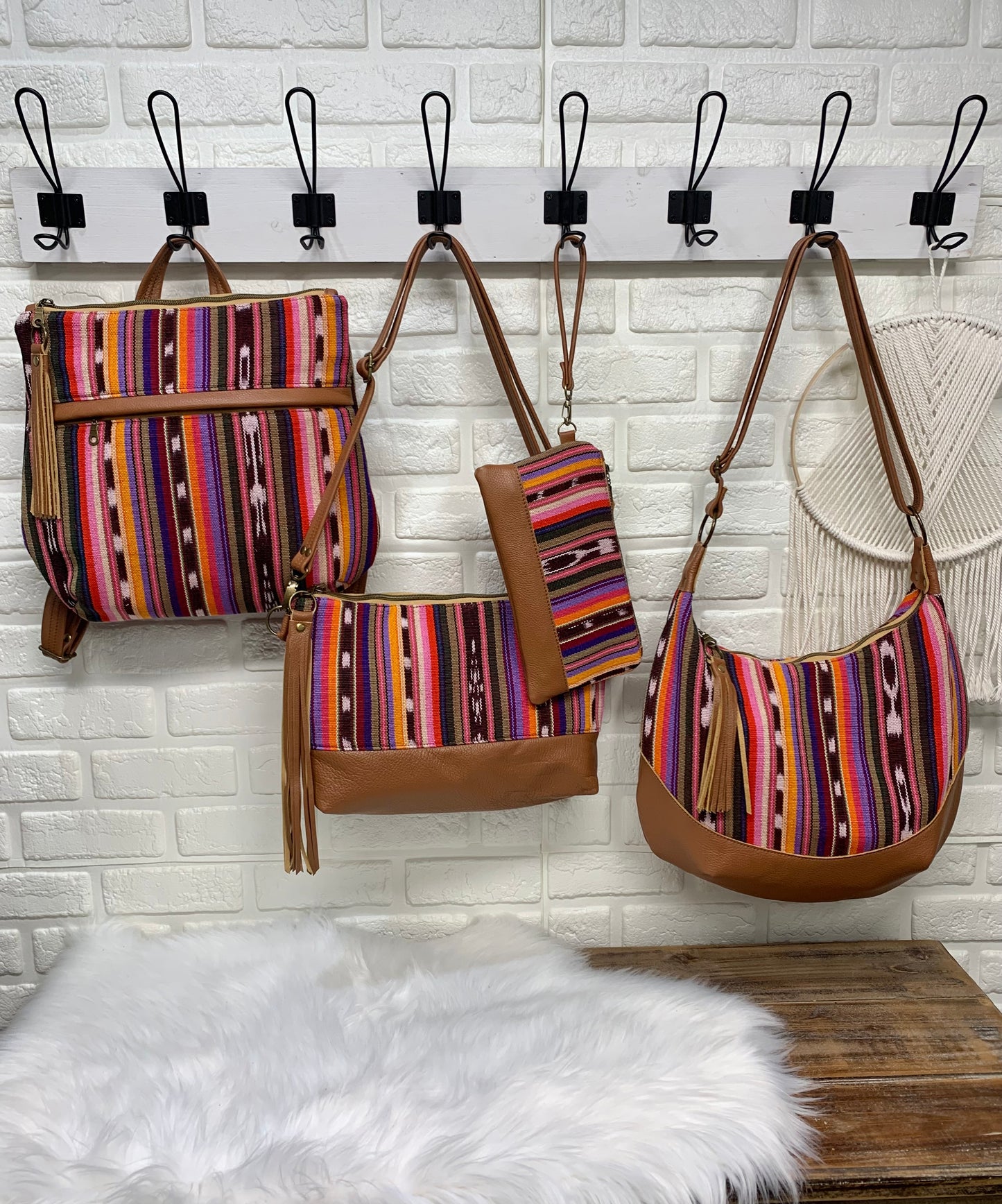 Guatemalan woven and cognac leather hobo crossbody bag