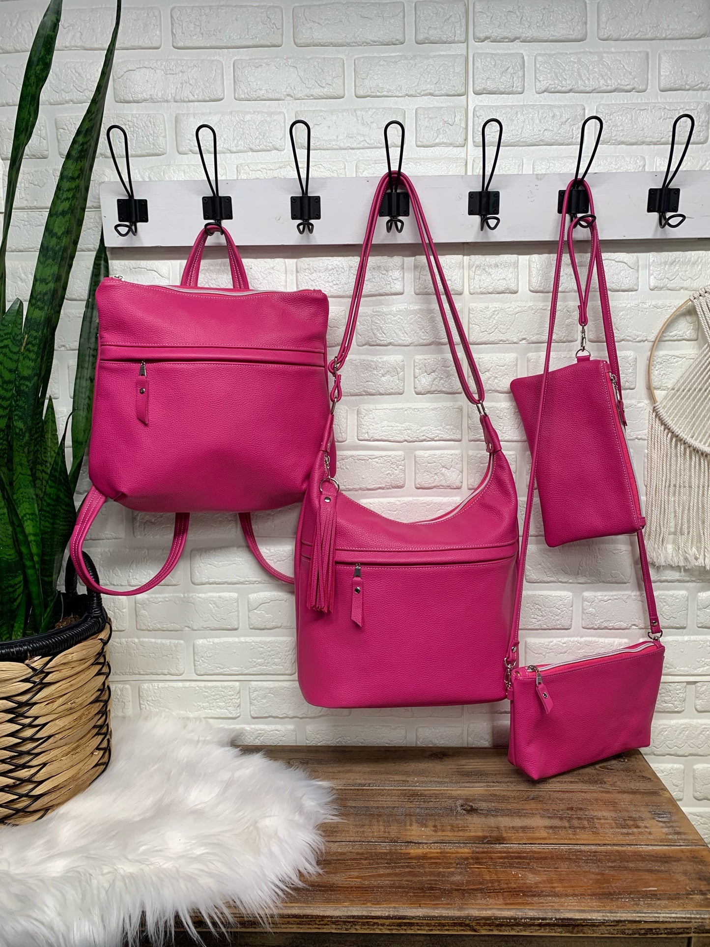 Bucket hobo bag crossbody in Hot Pink leather, biker chap leather