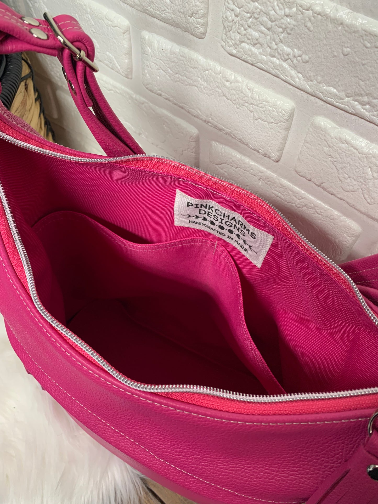 Bucket hobo bag crossbody in Hot Pink leather, biker chap leather