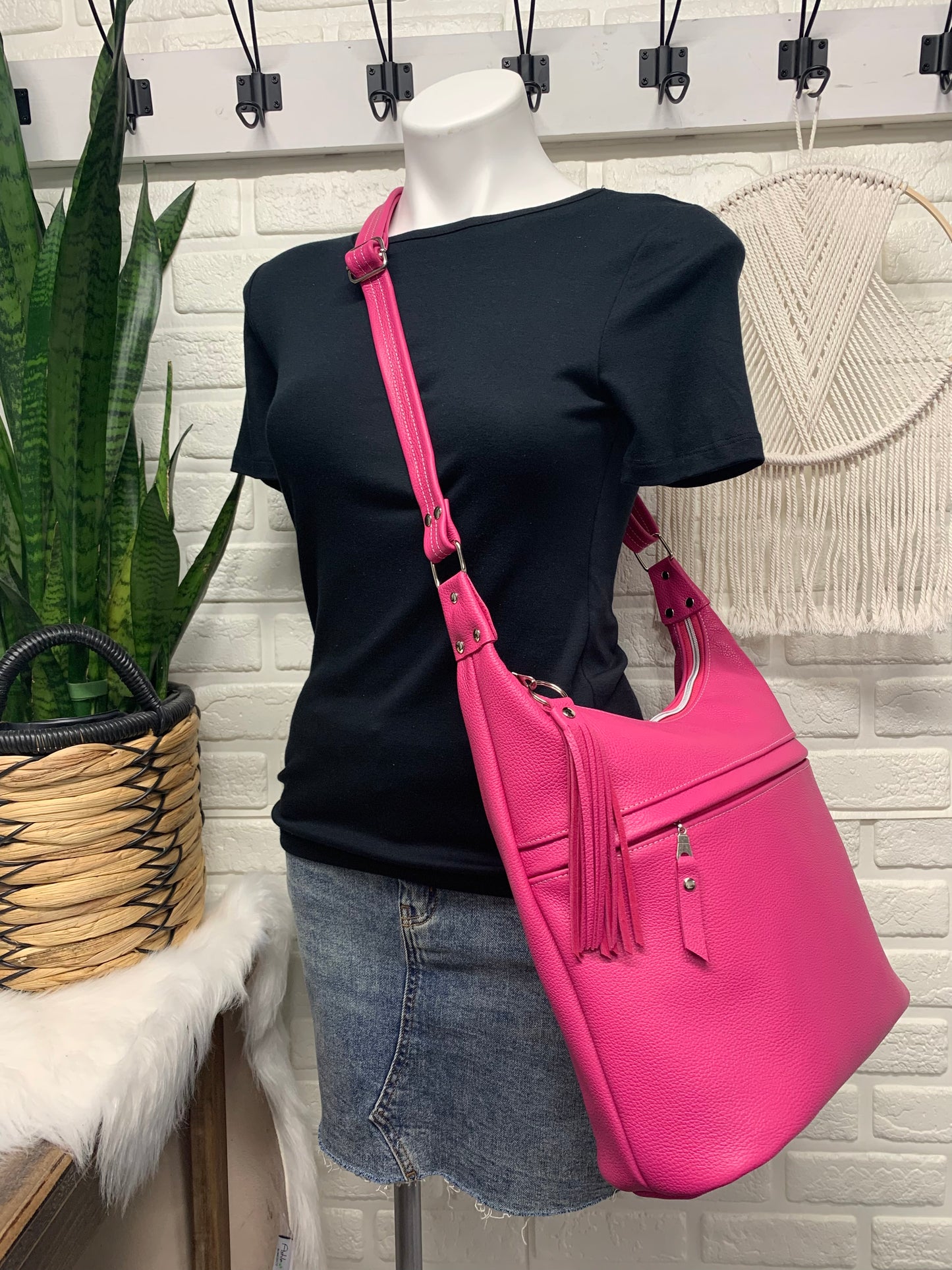 Bucket hobo bag crossbody in Hot Pink leather, biker chap leather