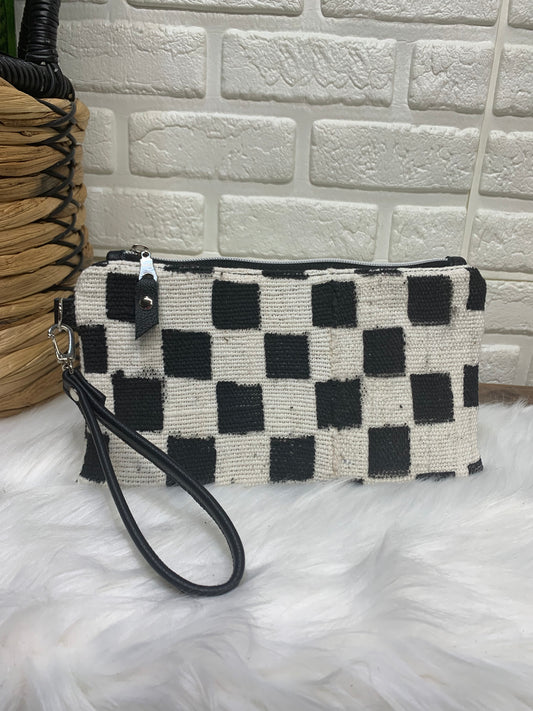 Checker Mud cloth and black Leather clutch wristlet