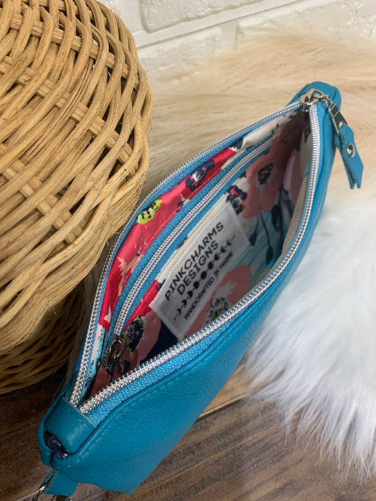 Turquoise Blue Leather wristlet wallet clutch