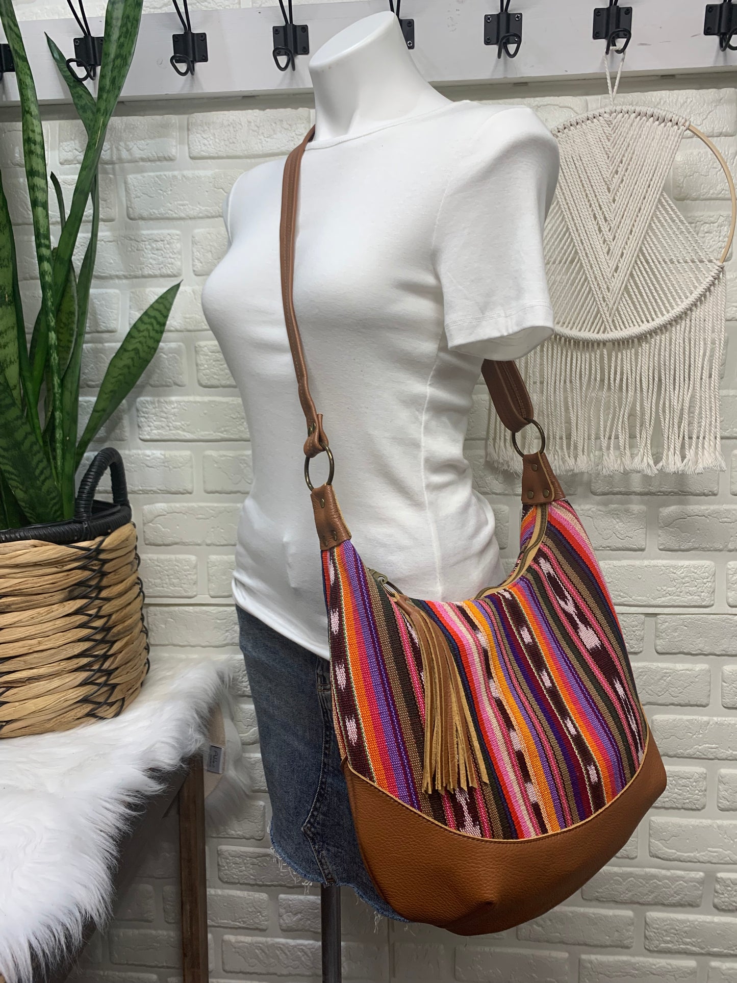 Guatemalan woven and cognac leather hobo crossbody bag