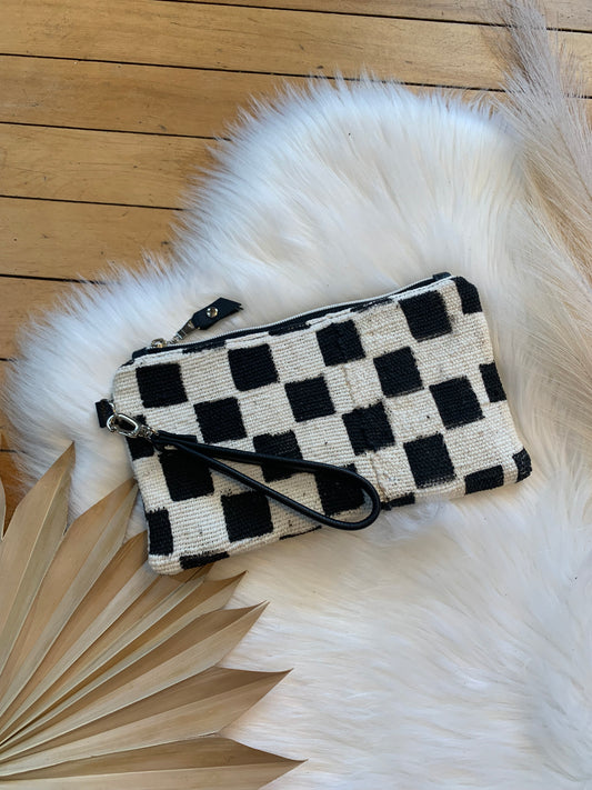 Checker Mud cloth and black Leather clutch wristlet
