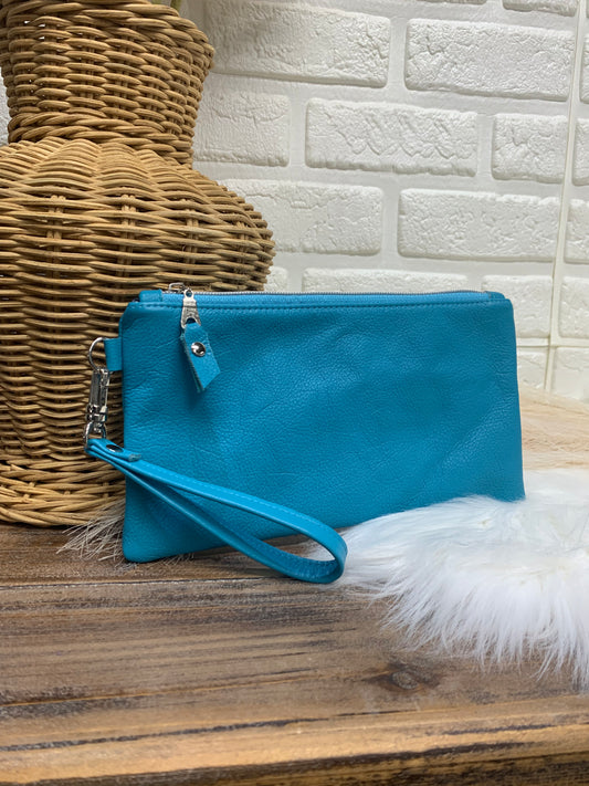 Turquoise Blue Leather wristlet wallet clutch