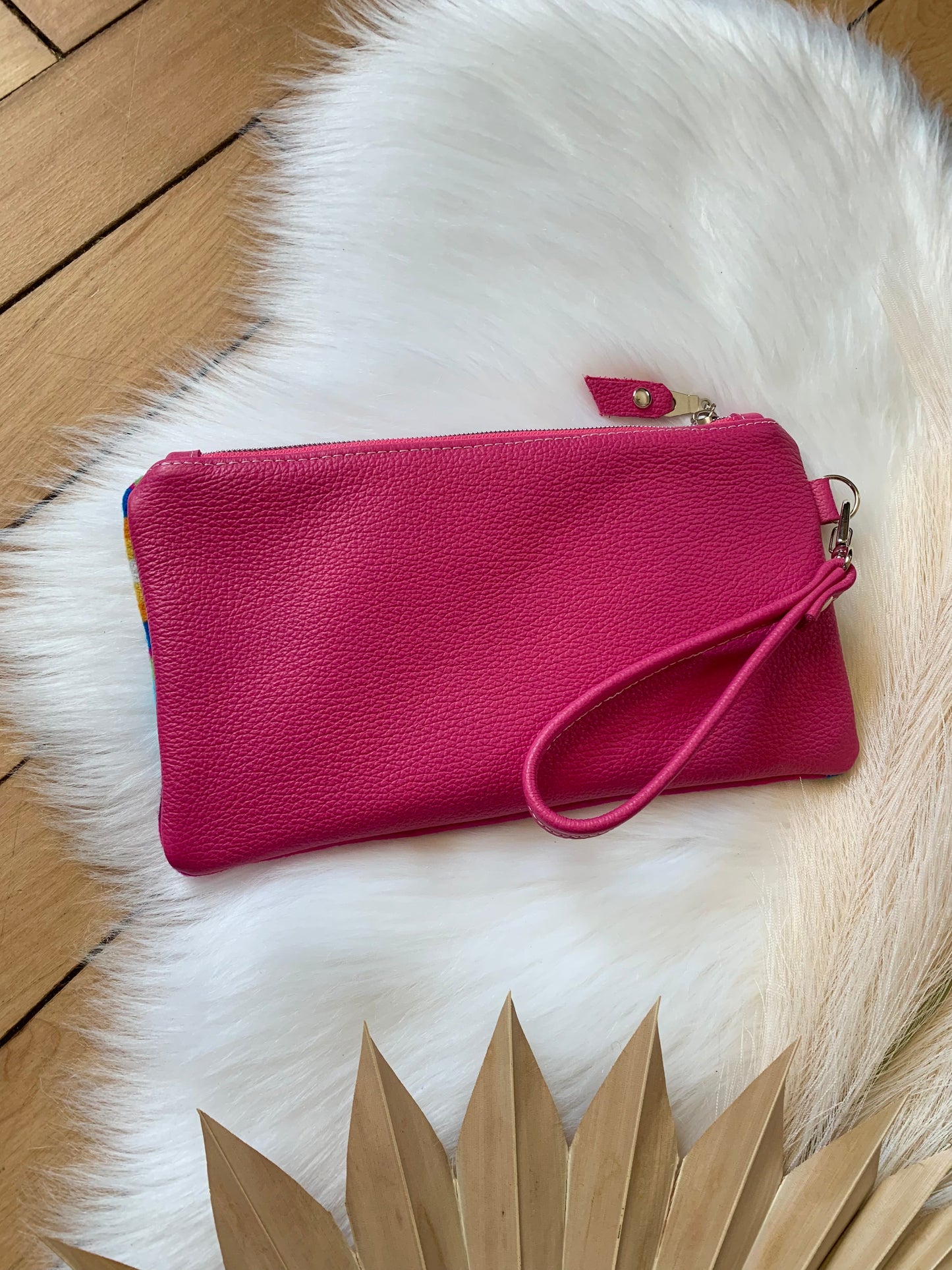 Wool and leather clutch wristlet, San Gabriel wool, hot pink leather clutch wallet