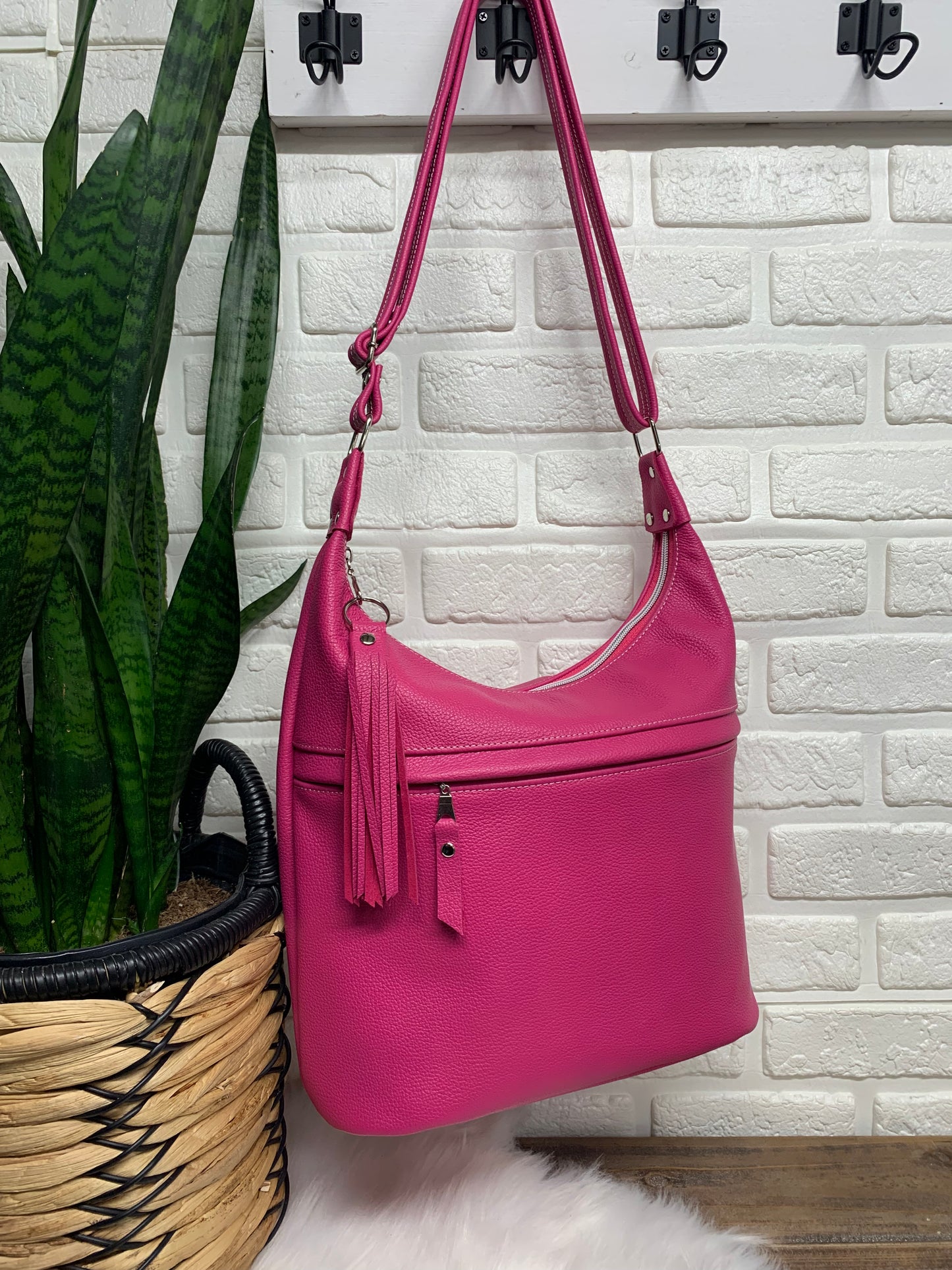 Bucket hobo bag crossbody in Hot Pink leather, biker chap leather