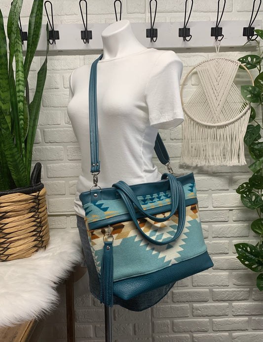 Topaz tote Wool and leather, Rancho Arroyo, teal genuine leather
