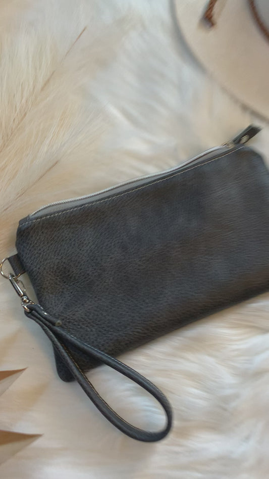 Grey two toned leather clutch wristlet