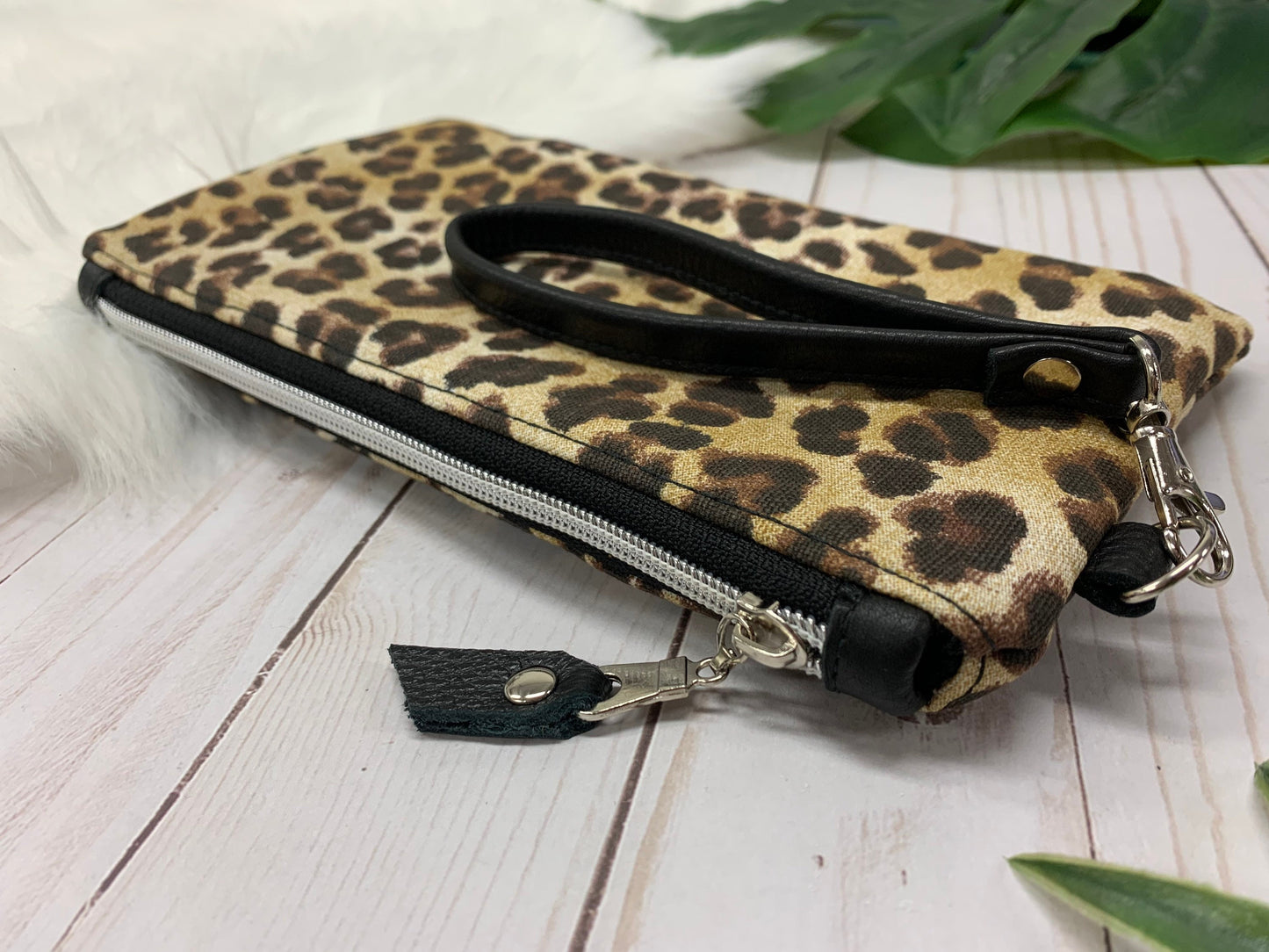 Leopard clutch leather wristlet, brown leopard wristlet, black leather wristlet, leather clutch, clutch wallet, leopard print