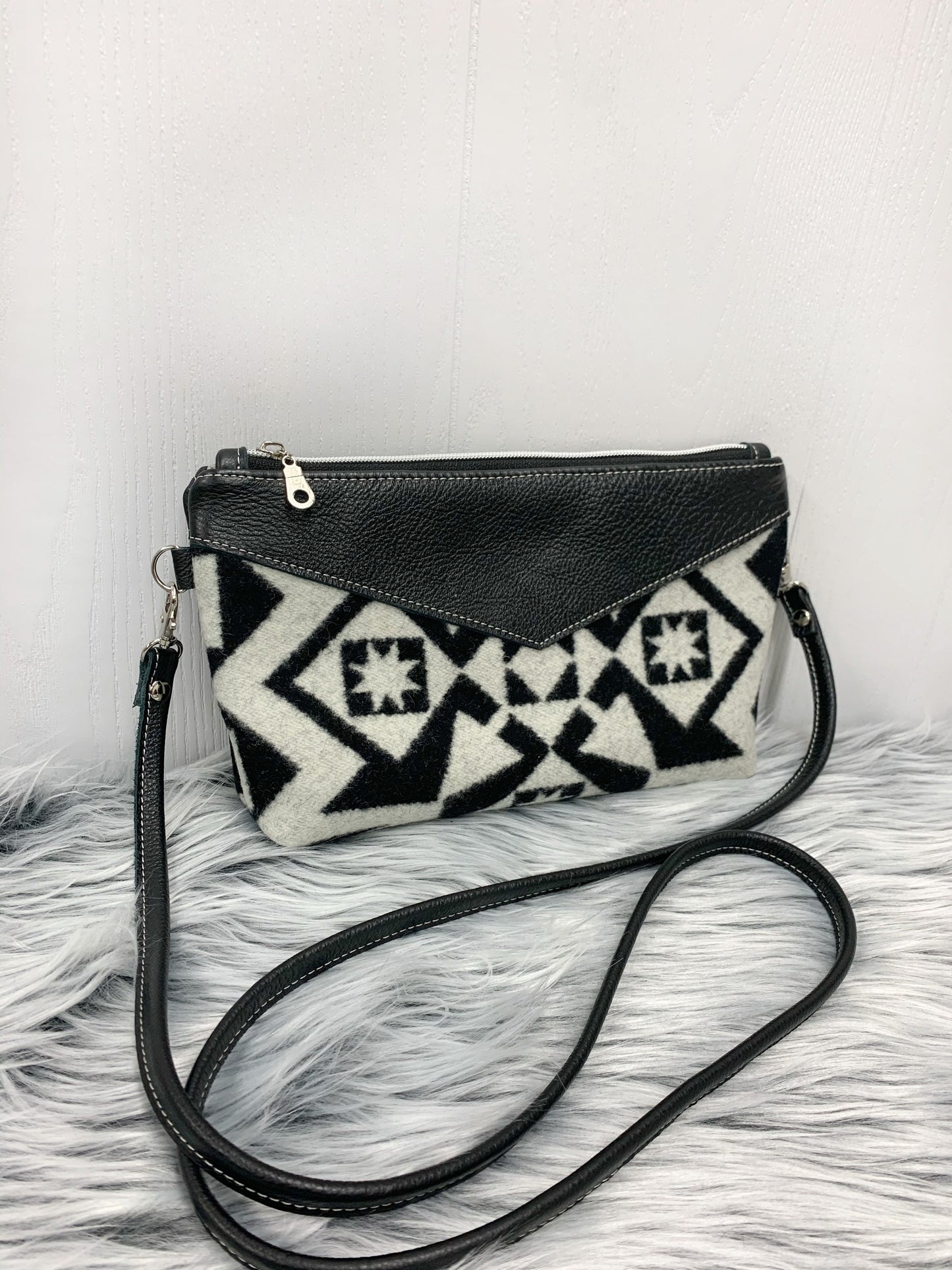Wool and leather Ruby crossbody bag, black genuine leather, black and white wool fabric, black leather crossbody, southwest crossbody bag