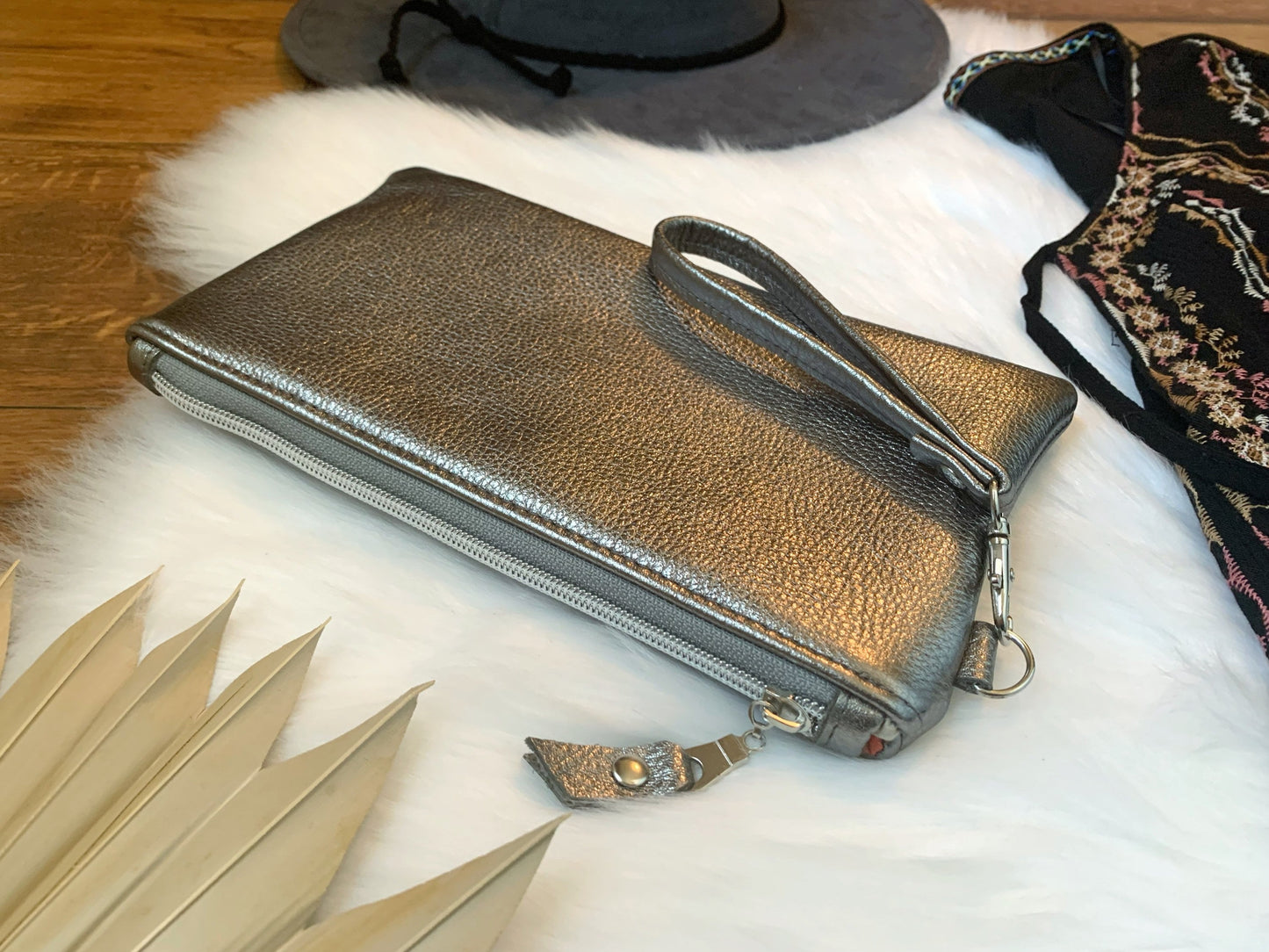 Metallic Grey Leather clutch wallet wristlet, card slots, anthracite silver grey, genuine leather, soft hide, leather wallet