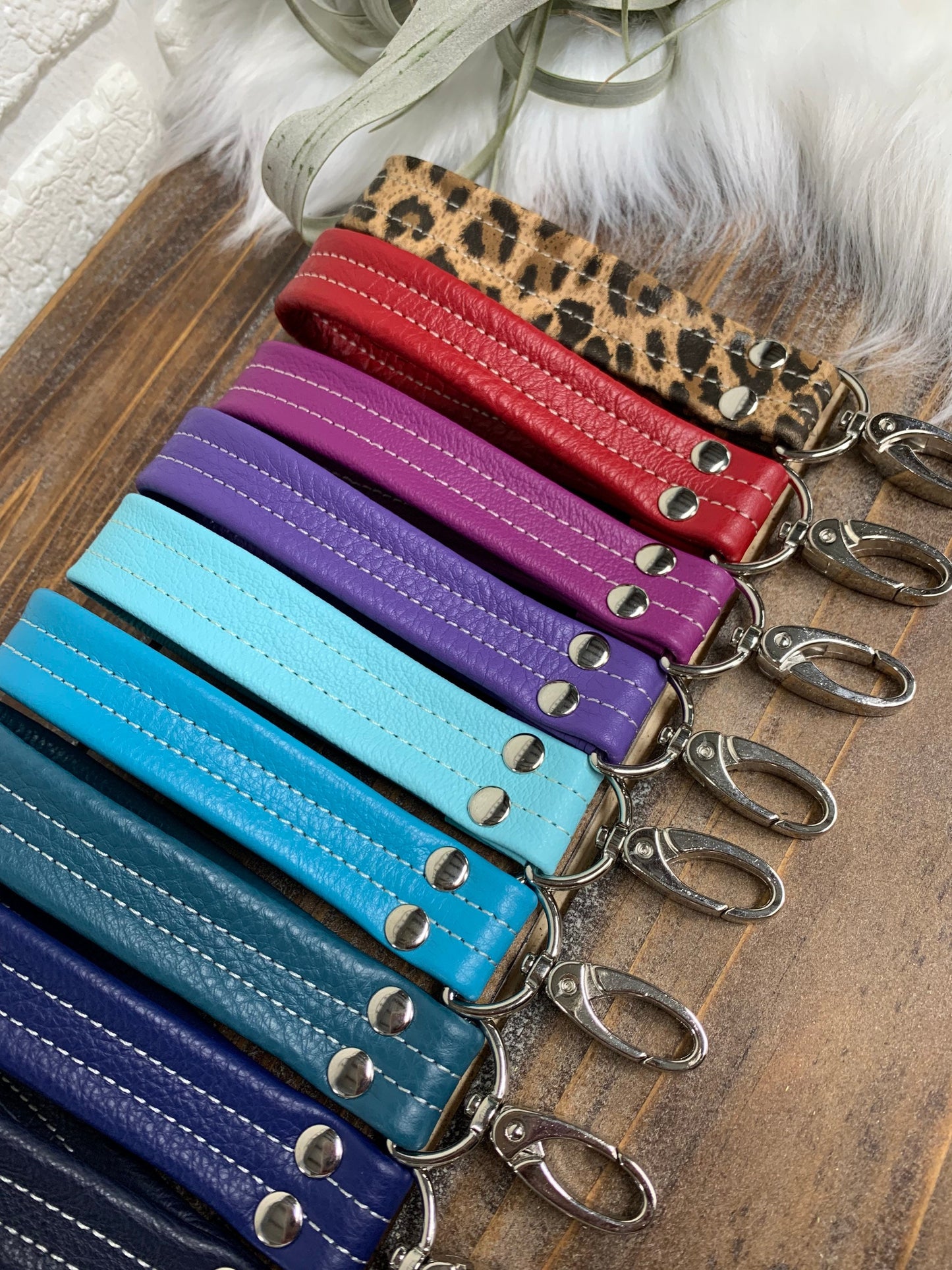 Leather key fob, genuine leather wristlet, leather wrist strap, accessory, gift, Maine made, leopard leather fob wristlet
