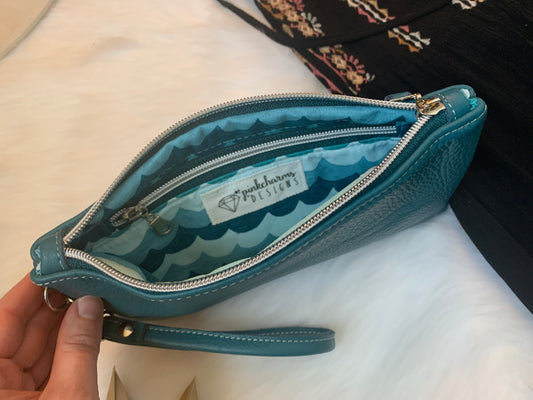 Teal leather clutch wallet, genuine leather clutch, leather wristlet
