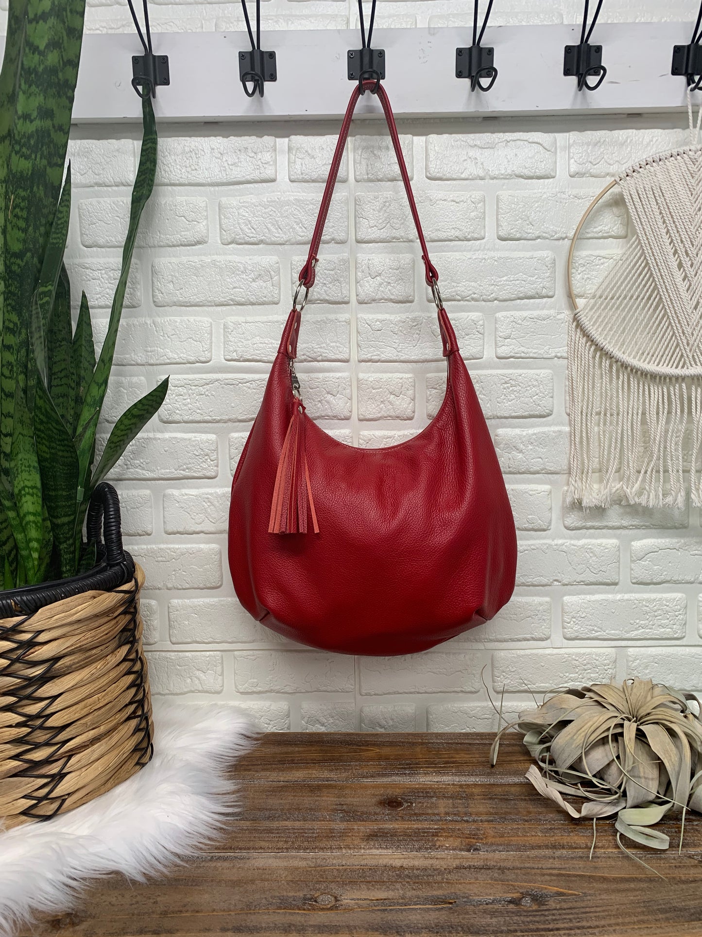 Red leather hobo bag,  genuine leather handbag