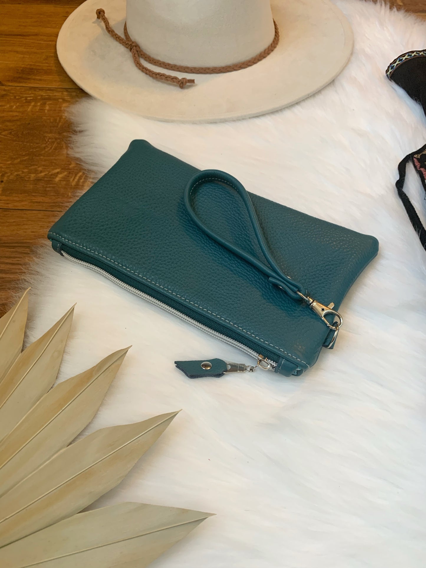 Teal leather clutch wallet, genuine leather clutch, leather wristlet