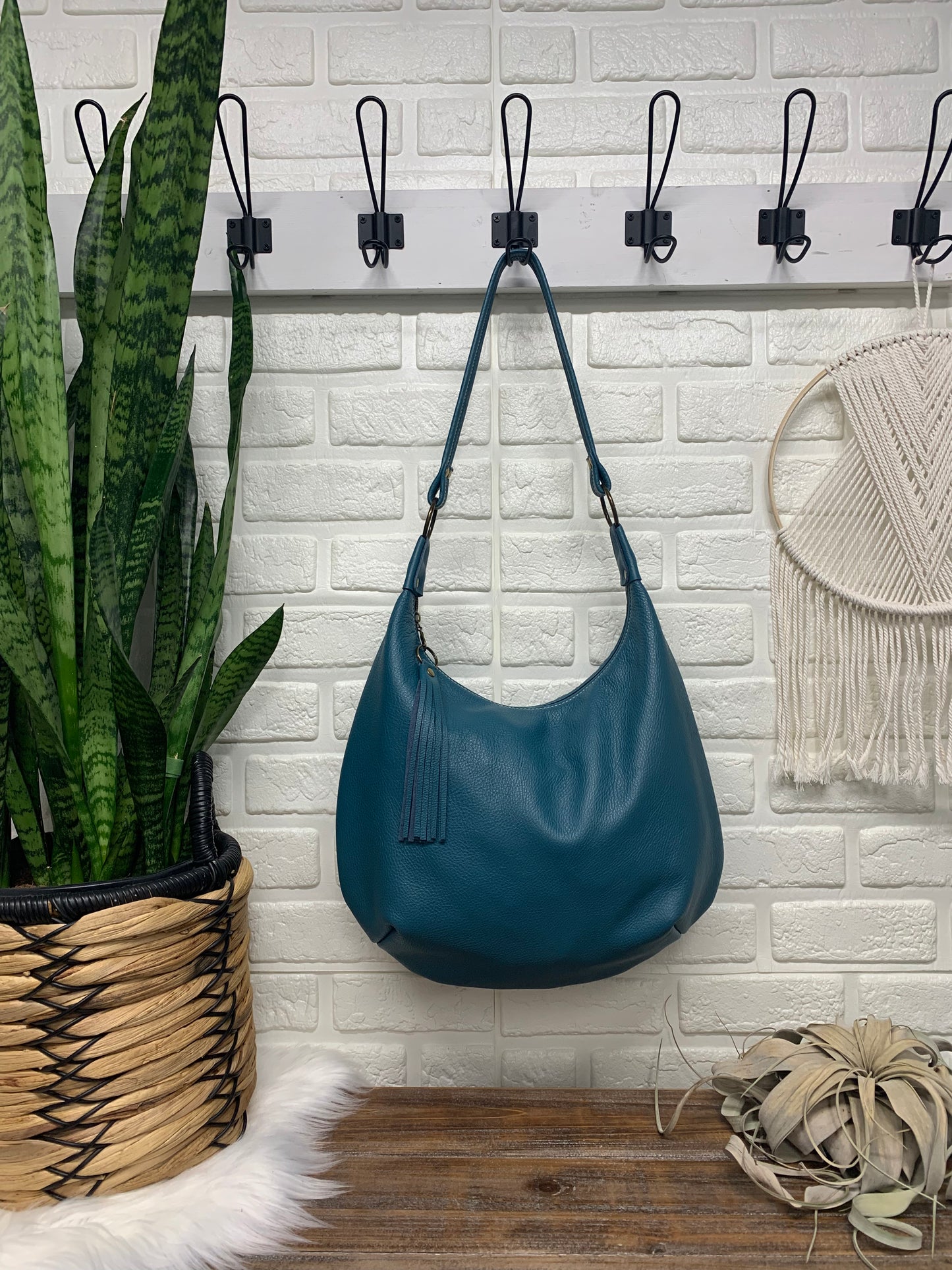 Teal leather hobo bag,  genuine leather handbag