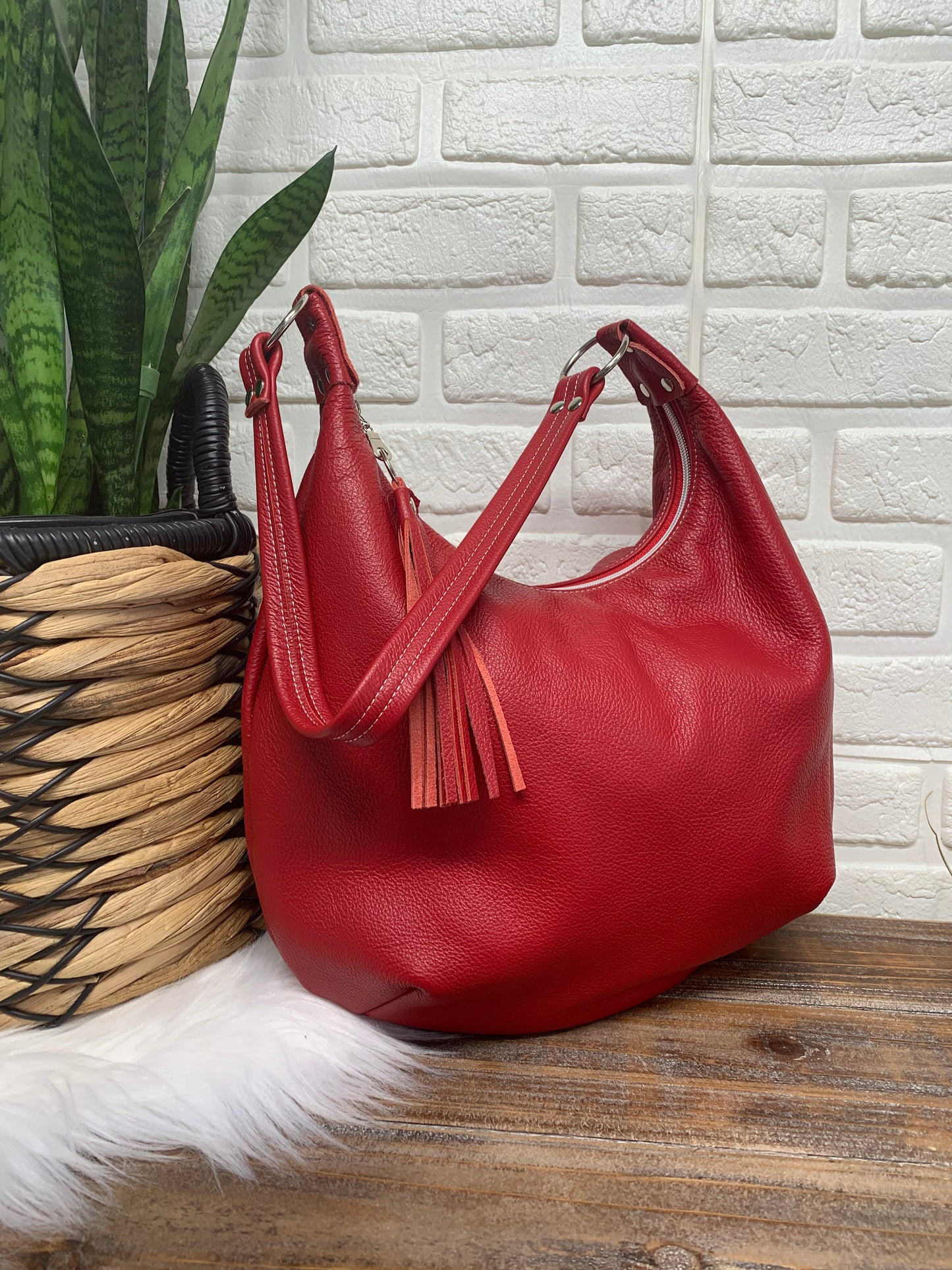 Red leather hobo bag,  genuine leather handbag
