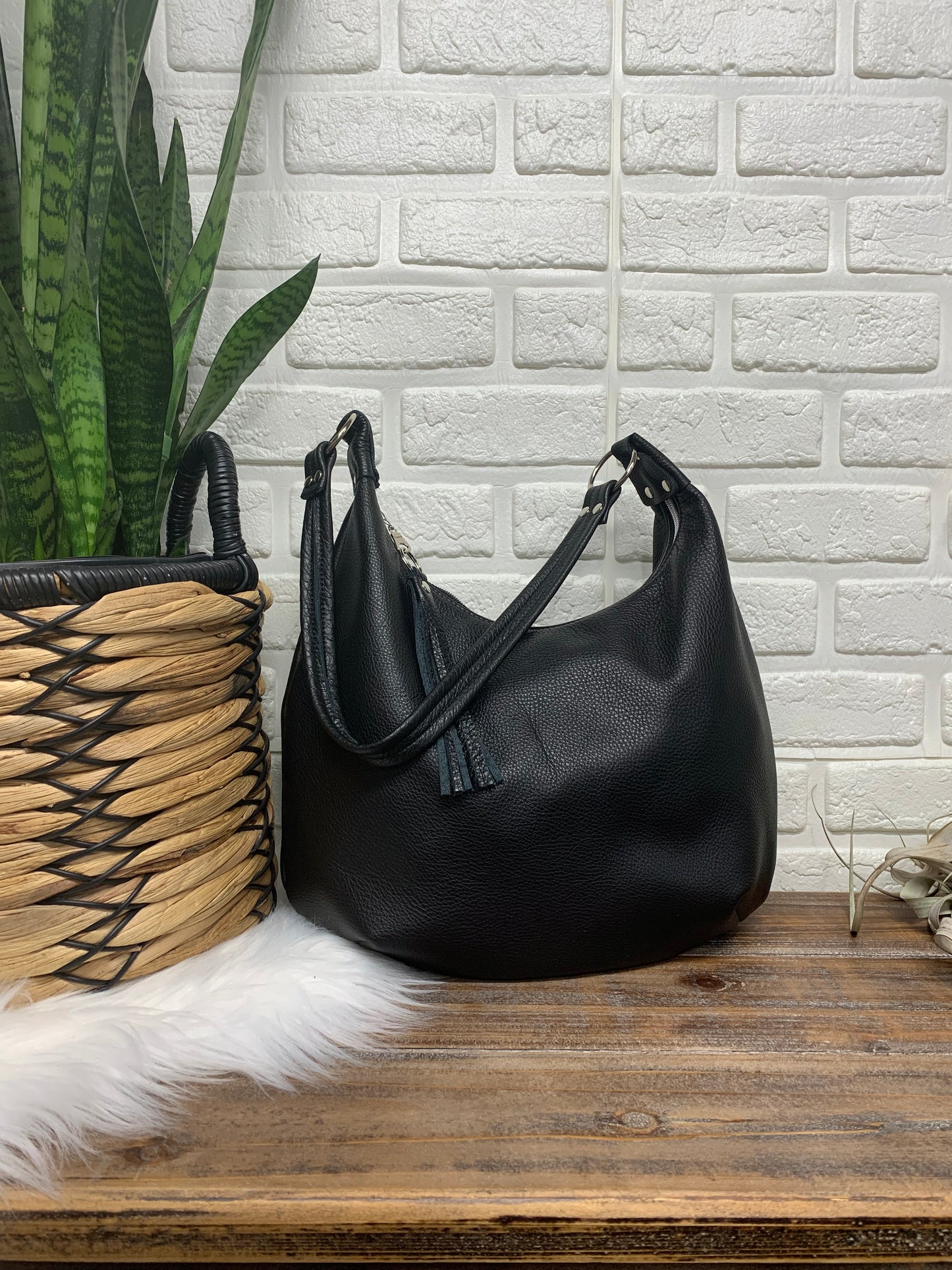 Black leather hobo bag, canvas lining, zipper closure, handmade, genuine leather