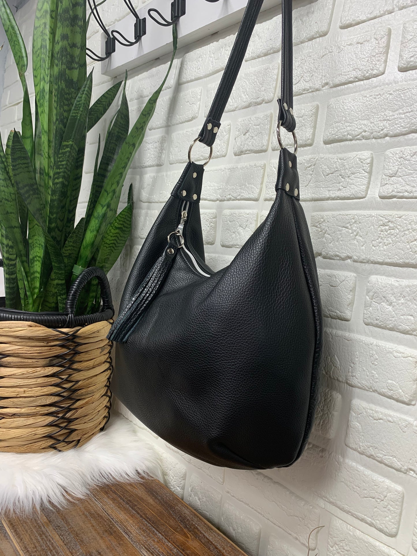 Black leather hobo bag, canvas lining, zipper closure, handmade, genuine leather