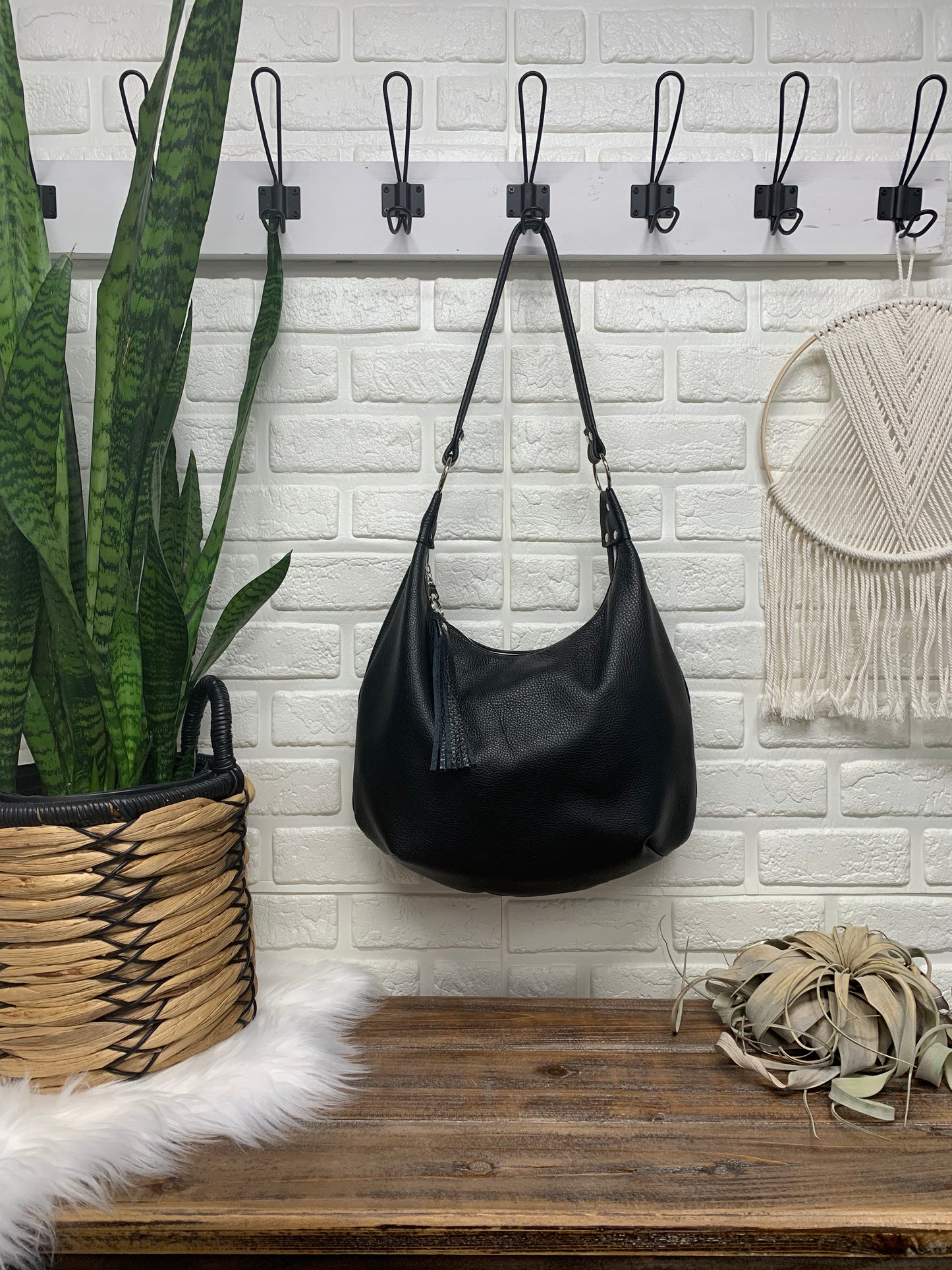 Black leather hobo bag, canvas lining, zipper closure, handmade, genuine leather